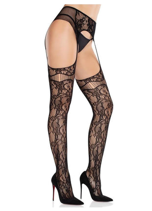 Leg Avenue Bloom Net Stockings with Cut-Out Thigh Detail and Attached Garter Belt - Black - One Size