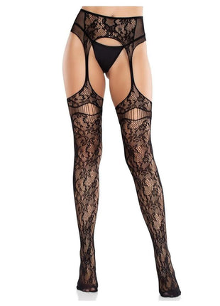 Leg Avenue Bloom Net Stockings with Cut-Out Thigh Detail and Attached Garter Belt