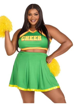 Leg Avenue Bring It Baddie Set Top with Cheer Logo, Pleated Skirt and Pom Pom - Green - 3XLarge/4XLarge - 3 Piece