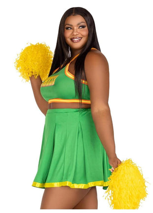 Leg Avenue Bring It Baddie Set Top with Cheer Logo, Pleated Skirt and Pom Pom - Green - 3XLarge/4XLarge - 3 Piece