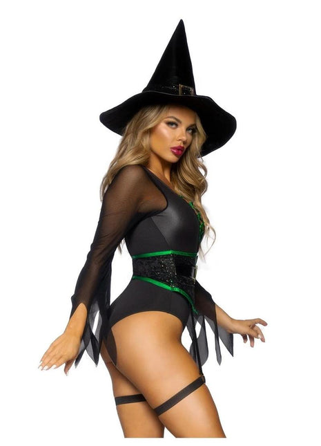 Leg Avenue Broomstick Babe Bodysuit with Lace Up Deep-V and Waist Cincher Buckle Accent, Attached Garters, and Witch Hat - Black - Large - 2 Piece
