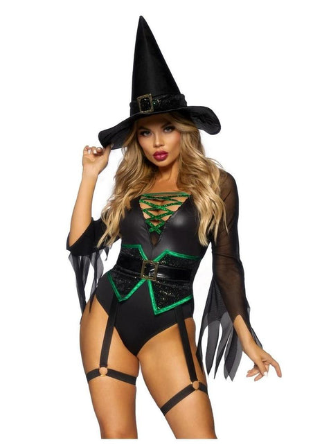 Leg Avenue Broomstick Babe Bodysuit with Lace Up Deep-V and Waist Cincher Buckle Accent, Attached Garters, and Witch Hat - Black - Large - 2 Piece