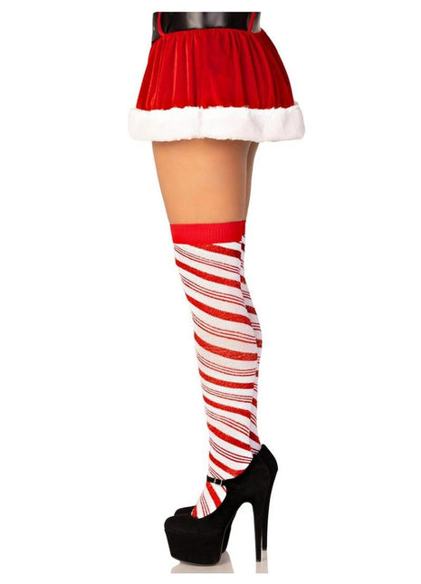 Leg Avenue Candy Cane Lurex Striped Over The Knee Socks - White - One Size