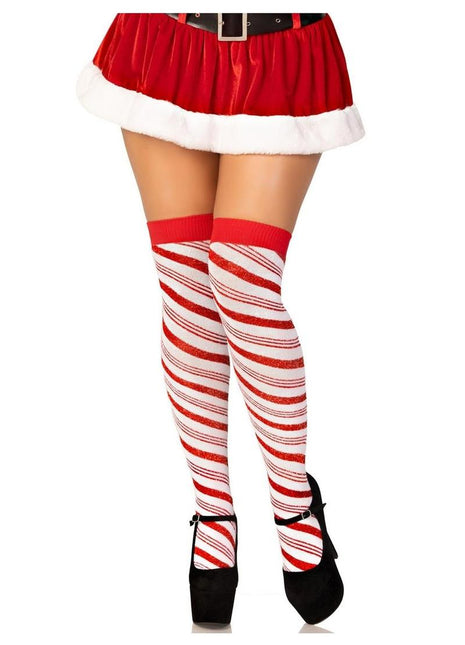 Leg Avenue Candy Cane Lurex Striped Over The Knee Socks - White - One Size