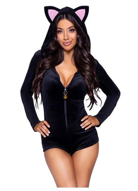 Leg Avenue Comfy Cat Ultra-Soft Velvet Plush Zip Up Romper with Bell Zipper Pull, Ear Hood, and Kitty Tail - Black - Small
