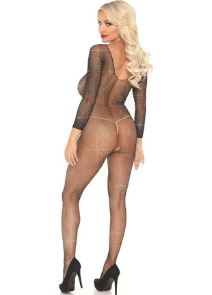Leg Avenue Crystalized Seamless Fishnet Long Sleeved Bodysuit - Black - One Size