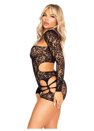 Leg Avenue Cut-Out Lace Romper with Attached Shrug - Black - One Size