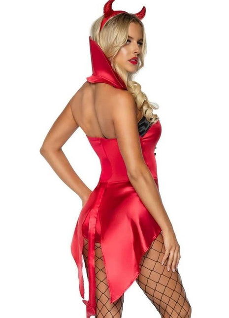 Leg Avenue Devilish Darling Tux and Tails Bodysuit with Stay Up Collar, Pin-On Devil Tail, and Sequin Devil Horn Headband - Red - Large - 3 Piece
