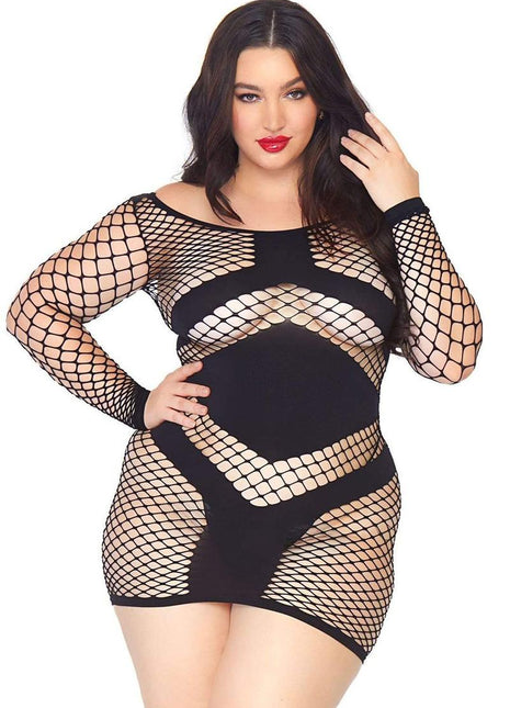 Leg Avenue Diamond Net Long Sleeved Mini Dress with Opaque Panel Accents - Black - Plus Size/Queen