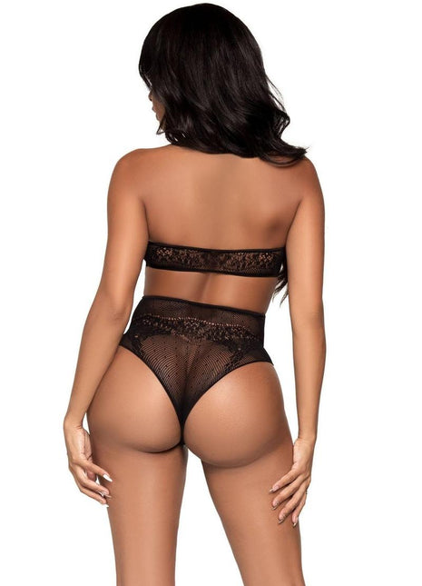 Leg Avenue Dotted Net Keyhole Halter Crop Top with Lace Accents and High Waist Thong Panty - Black - One Size - 2 Pieces
