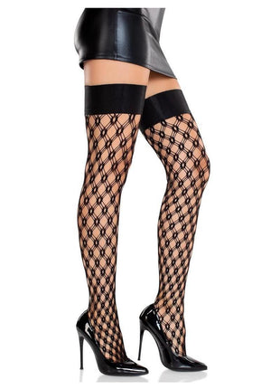 Leg Avenue Eyelet Net Thigh Highs with Satin Elastic Top - Black - One Size
