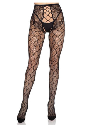 Leg Avenue Faux Layer Net Tights with Crotchless Floral Panty - Black - One Size