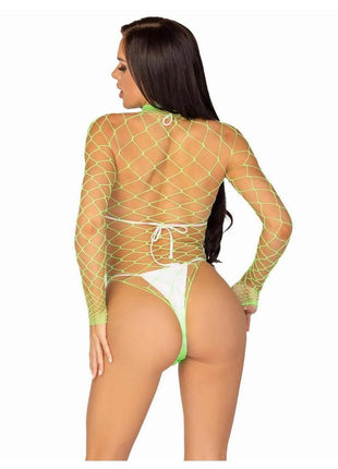 Leg Avenue Fence Net Snap Crotch Long Sleeved Bodysuit - Green - One Size