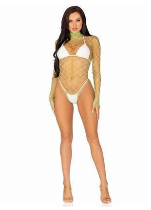 Leg Avenue Fence Net Snap Crotch Long Sleeved Bodysuit