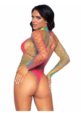 Leg Avenue Fence Net Snap Crotch Long Sleeved Bodysuit - Multicolor/Rainbow - One Size