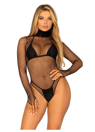 Leg Avenue Fishnet High Neck Long Sleeved Bodysuit with Snap Crotch - Black - One Size