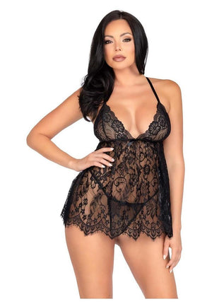 Leg Avenue Floral Lace Babydoll with Eyelash Lace Scalloped Hem Adjustable Cross-Over Straps and G-String Panty