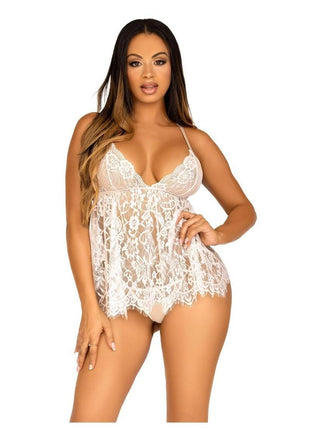 Leg Avenue Floral Lace Babydoll with Eyelash Lace Scalloped Hem Adjustable Cross-Over Straps and G-String Panty - White - Large
