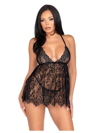 Leg Avenue Floral Lace Babydoll with Eyelash Lace Scalloped Hem Adjustable Cross-Over Straps and G-String Panty - Black - Small
