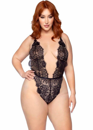 Leg Avenue Floral Lace Teddy with Adjustable Straps and Cheeky Thong Back, Matching Lace Robe with Scalloped Trim and Satin Tie