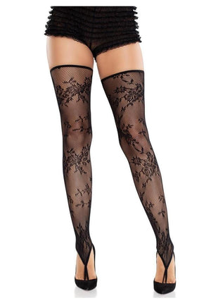 Leg Avenue Floral Net Toe Loop Footless Thigh Highs - Black - One Size