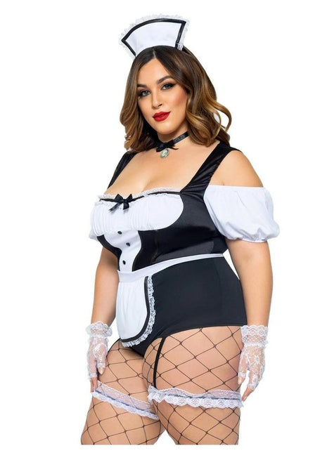 Leg Avenue Foxy Frenchie Garter Bodysuit with Attached Apron, Choker, and Hat Headband - Black/White - Queen/XLarge/XXLarge - 3 Piece