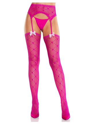 Leg Avenue Heart Lace Trimmed Heart Net Stockings with Attached Garter Belt - Magenta/Red - One Size