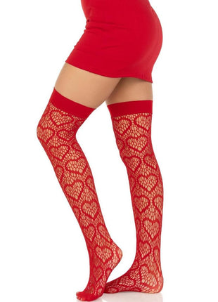 Leg Avenue Heart Net Thigh Highs - Red - One Size
