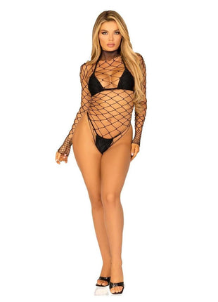Leg Avenue High Neck Fence Net Long Sleeved Bodysuit with Snap Crotch Thong Panty - Black - One Size