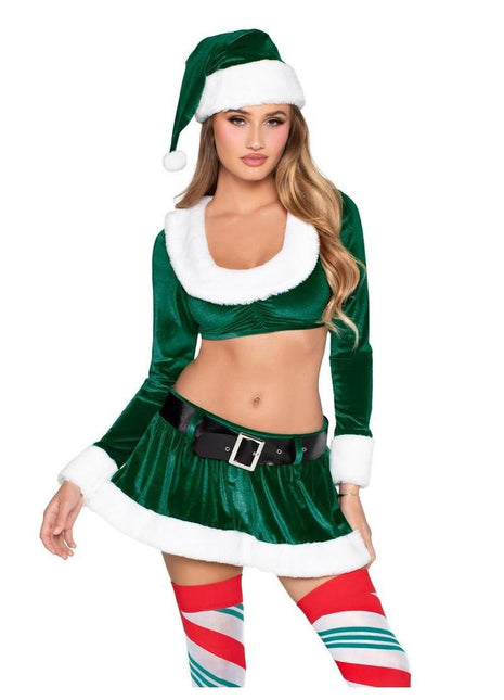 Leg Avenue Hoho Hottie, Velvet Crop Top with Faux Fur Trim, Mini Skirt, Belt and Santa Hat - Green/White - XSmall - 4 Piece