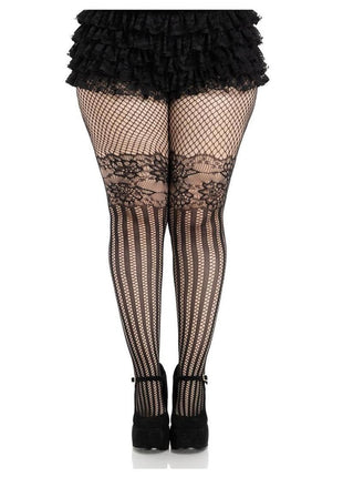 Leg Avenue Illusion Lace Top Net Striped Tights - 1x/2x - Black