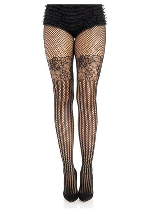 Leg Avenue Illusion Lace Top Net Striped Tights - Black - One Size