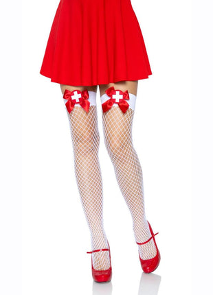 Leg Avenue Industrial Net Thigh High - Red/White - One Size