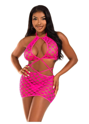 Leg Avenue Keyhole Halter Hardcore Net Mini Dress - Neon Pink - One Size