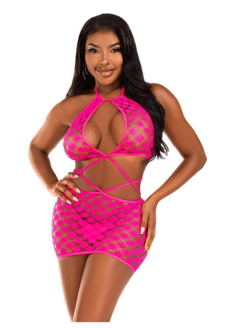 Leg Avenue Keyhole Halter Hardcore Net Mini Dress - Neon Pink - One Size