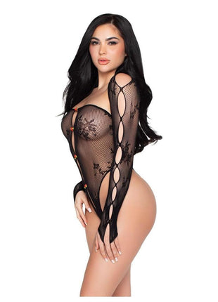 Leg Avenue Keyhole Net and Lace Crotchless Teddy with Rosette Accents and Matching Shrug
