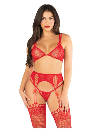 Leg Avenue Lace Bra Top with Dual Strap Detail, G-String Panty and Lace Top Garter Belt Stockings - Red - One Size - 3 Piece