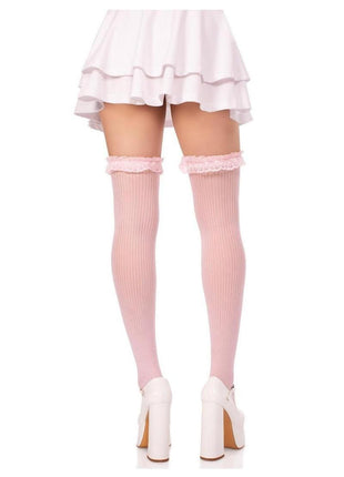 Leg Avenue Lace Garter Sheer Striped Thigh Highs with Satin Bow Accent