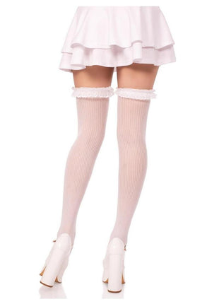 Leg Avenue Lace Garter Sheer Striped Thigh Highs with Satin Bow Accent