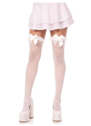 Leg Avenue Lace Garter Sheer Striped Thigh Highs with Satin Bow Accent - White - One Size