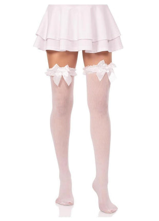 Leg Avenue Lace Garter Sheer Striped Thigh Highs with Satin Bow Accent
