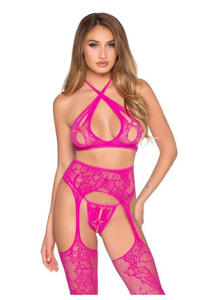 Leg Avenue Lace Open Cup Cross-Over Bra Top Crotchless Panty and Garter Belt Stockings (3 Piece) - Os - Magenta