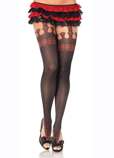 Leg Avenue Marquee Print Spandex Sheer Pantyhose with Faux Garterbelt Detail - Black/Red - One Size