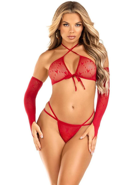 Leg Avenue Mini Heart Net Keyhole Crossover Crop Top, Dual Strap G-String, and Gauntlet Gloves - Red - One Size