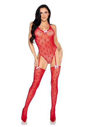 Leg Avenue Mini Heart Trimmed Heart Net Teddy with Attached Stockings