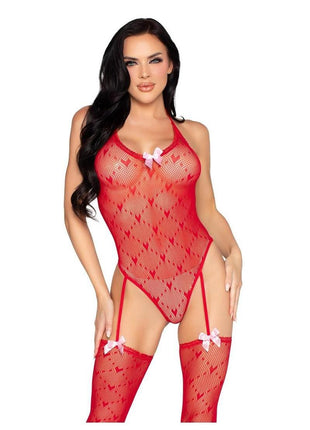 Leg Avenue Mini Heart Trimmed Heart Net Teddy with Attached Stockings - Red - One Size