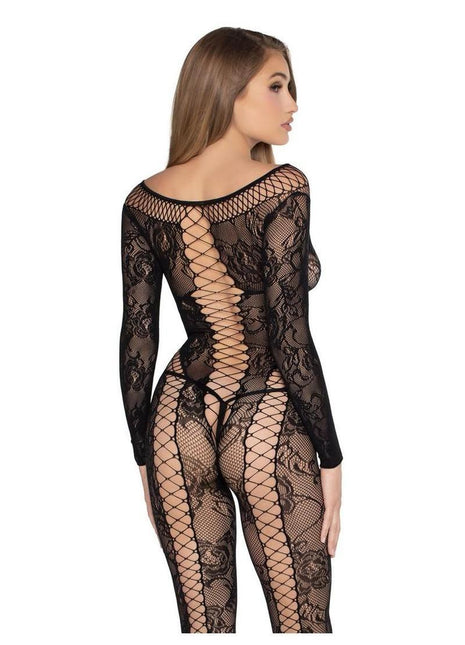 Leg Avenue Net and Lace Crotchless Lingerie Jumpsuit - Black - One Size