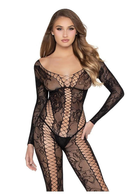 Leg Avenue Net and Lace Crotchless Lingerie Jumpsuit - Black - One Size
