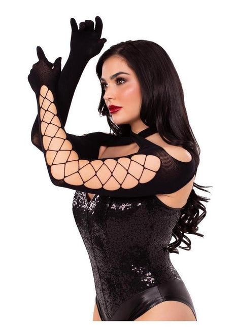 Leg Avenue Net and Opaque Cross-Over Halter Gloved Shrug - Black - One Size