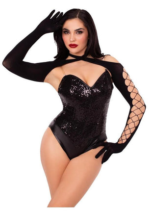 Leg Avenue Net and Opaque Cross-Over Halter Gloved Shrug - Black - One Size